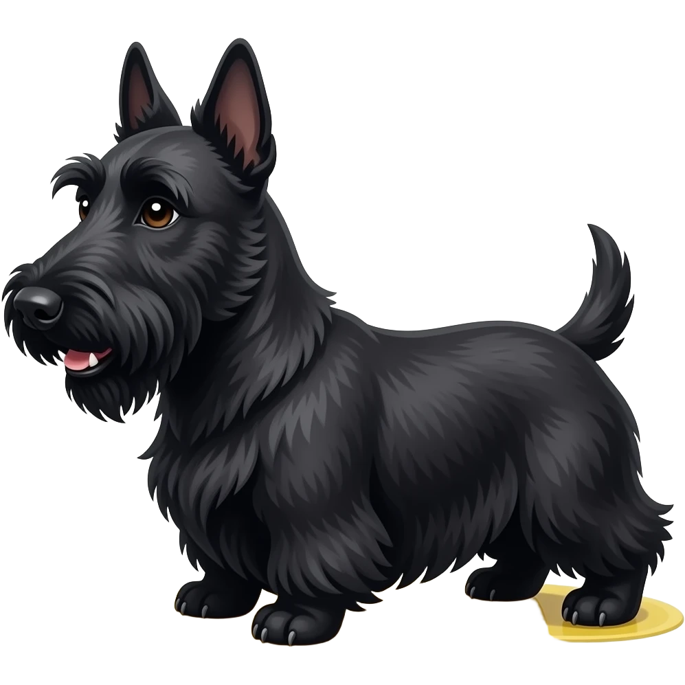 Black Scottie dog smiling in profile full body. Very small yellow puddle beneath rear paws only emoji