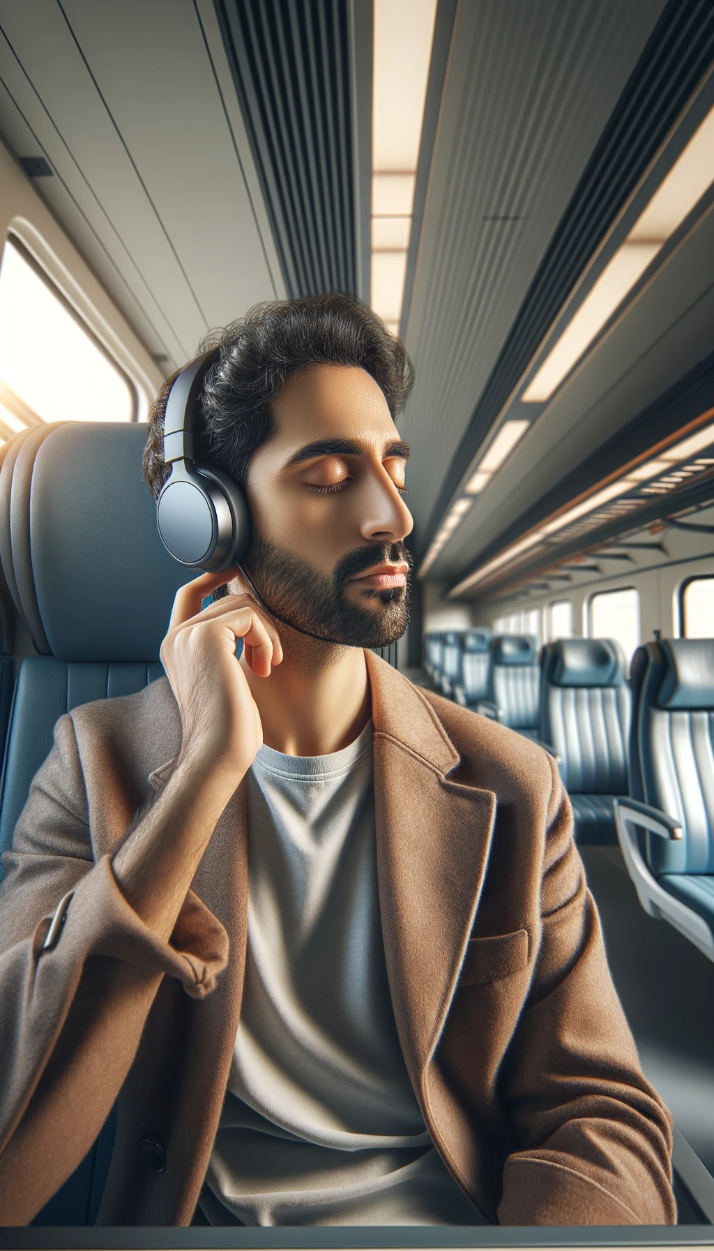 UOMO che ASCOLTA MUSICA CON LE CUFFIETTE BLUETOOTH NELLE ORECCHIE E GLI OCCHI CHIUSI SEDUTO SUL SEDILE DI UN TRENO, sullo sfondo L'INTERNO DELLA CABINA DI UN TRENO con toni chiari neutri, iperrealistico 4k emoji