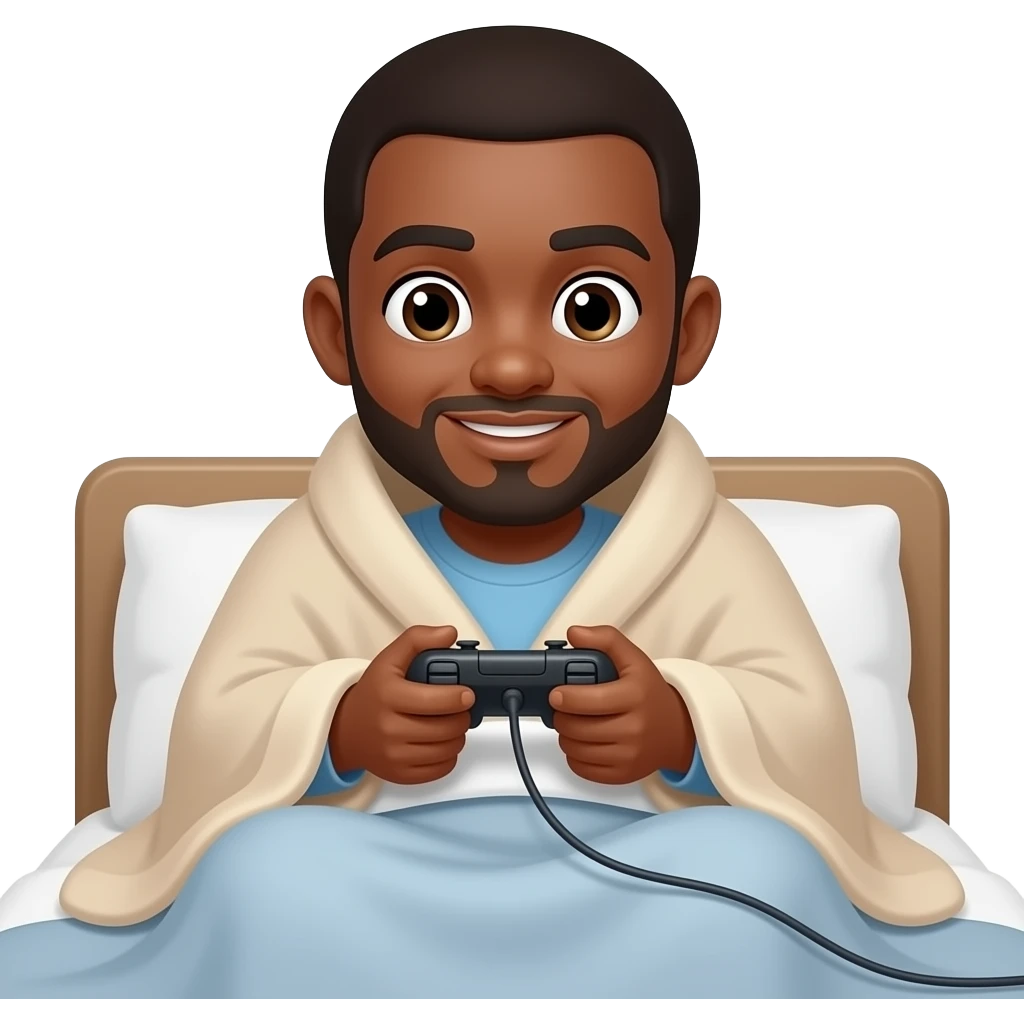 brown guy cozy wrapped in a blanked gaming in bed emoji