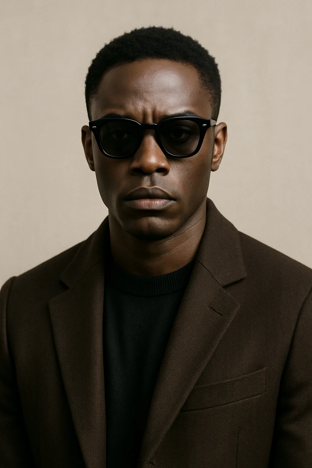black man with sunglasses, serious expression, fashionable, neutral background emoji