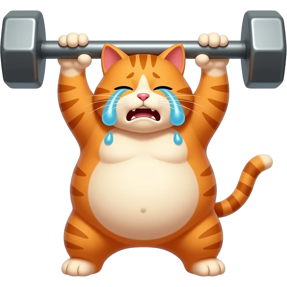 Orange cat struggling to pick up a heavy bar because it's fat and ugly and it's crying emoji