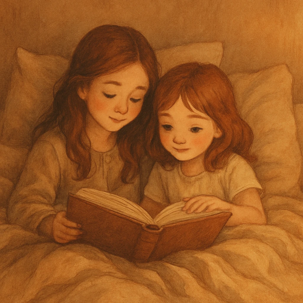 two girls in bed, reading a book together, soft blankets, peaceful mood emoji