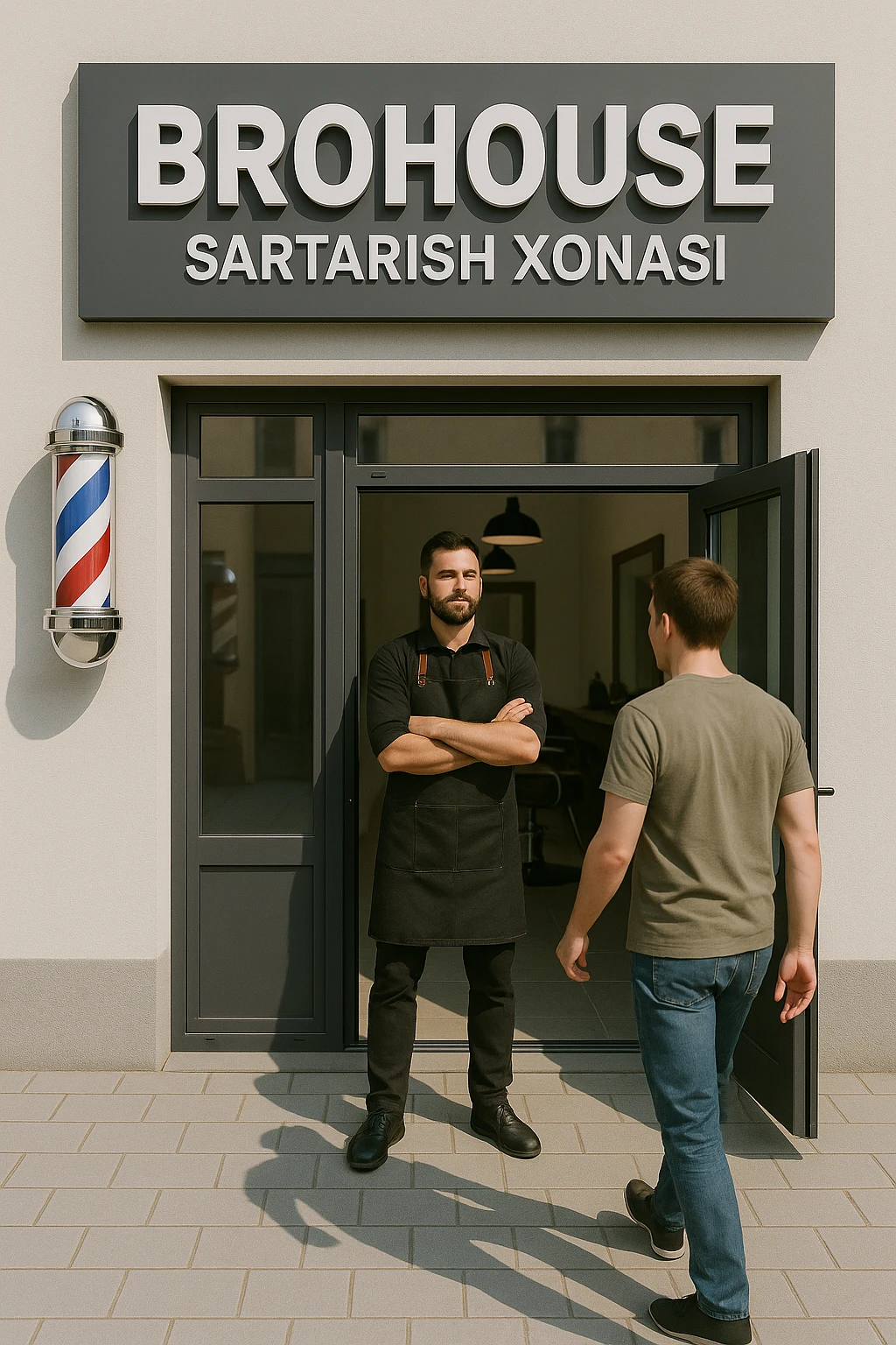 eni shu rasimga boyagi sartaosh oka eshik oldida tursin va tashqarida esa mijoz emoji