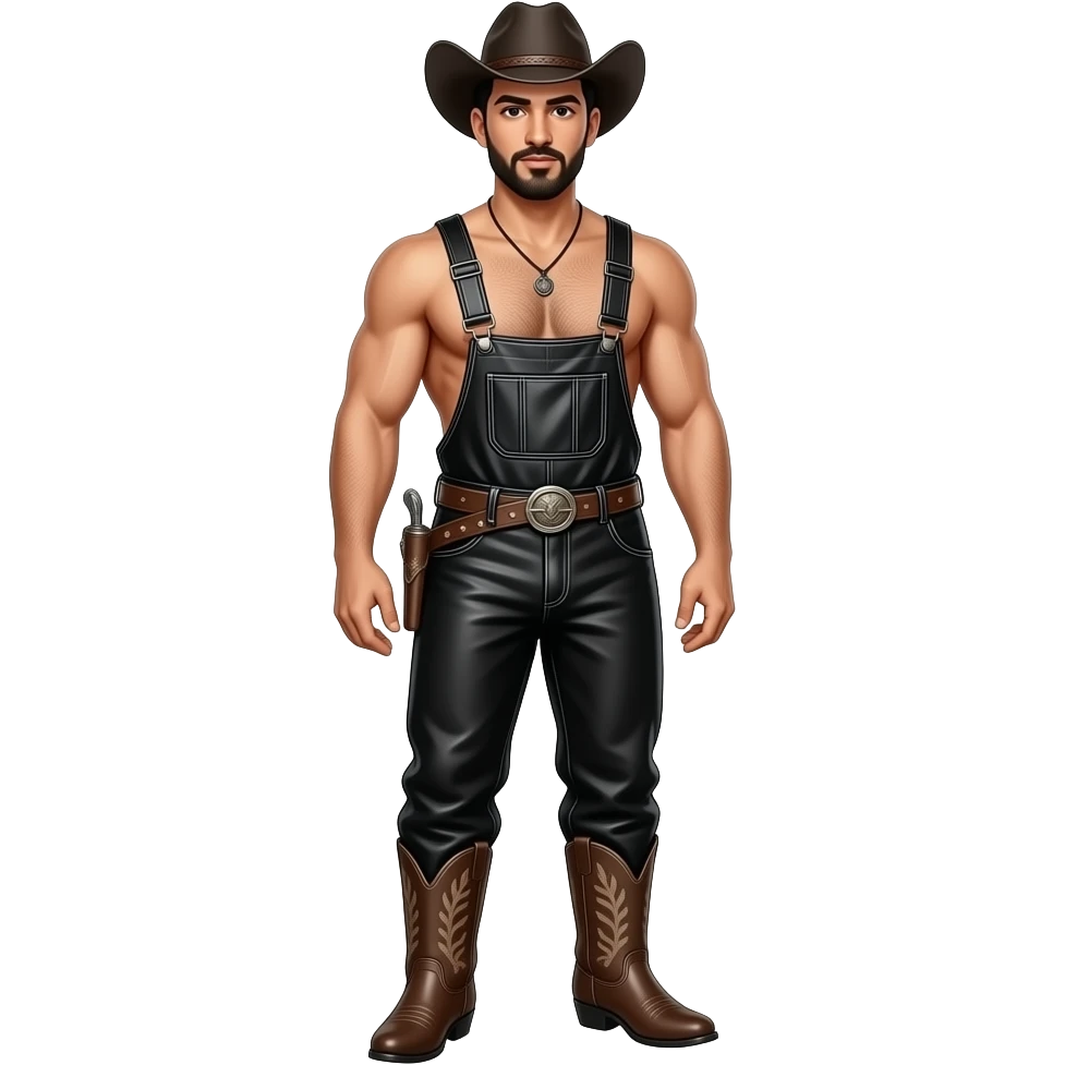Sexy arab muscle man in black leather overalls cowboy hat in cowboy boots shirtless emoji