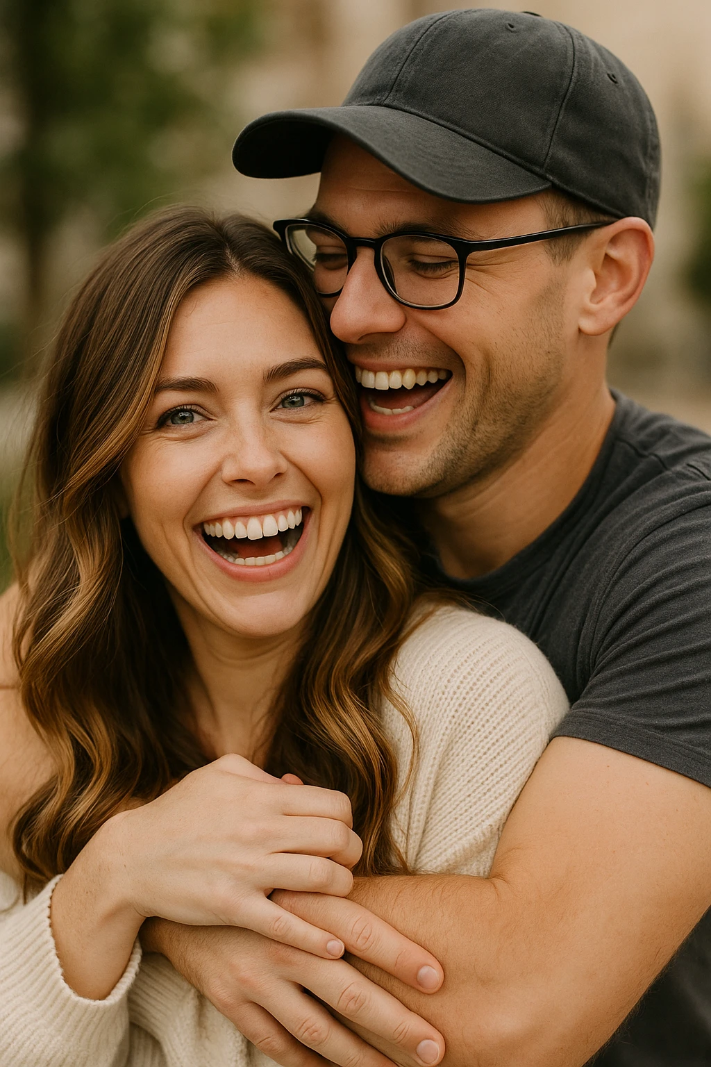 A romantic scene: a woman with green eyes and long brown-blonde balayage hair is held by a man with strong arms, brown eyes, a cap, glasses, very short dark chestnut hair, and light skin. Both are laughing. emoji