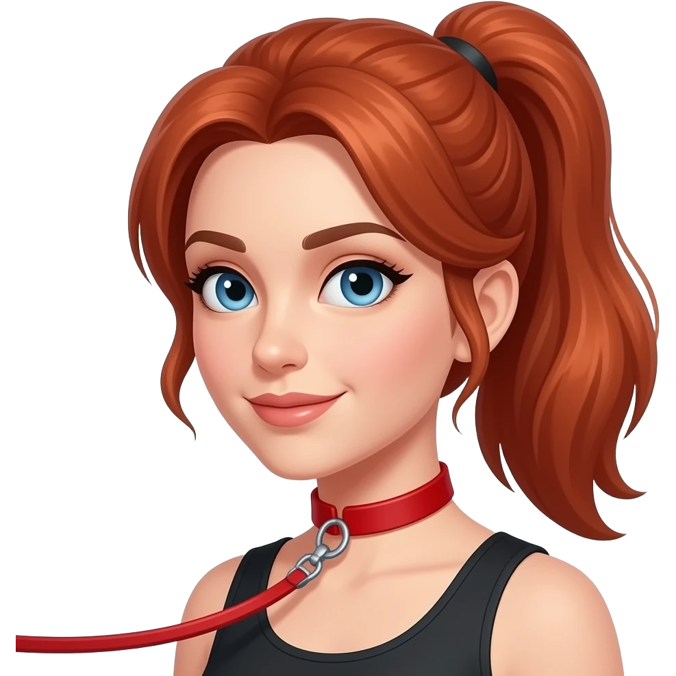 red hair in ponytail blue eyed woman in red collar and leash emoji