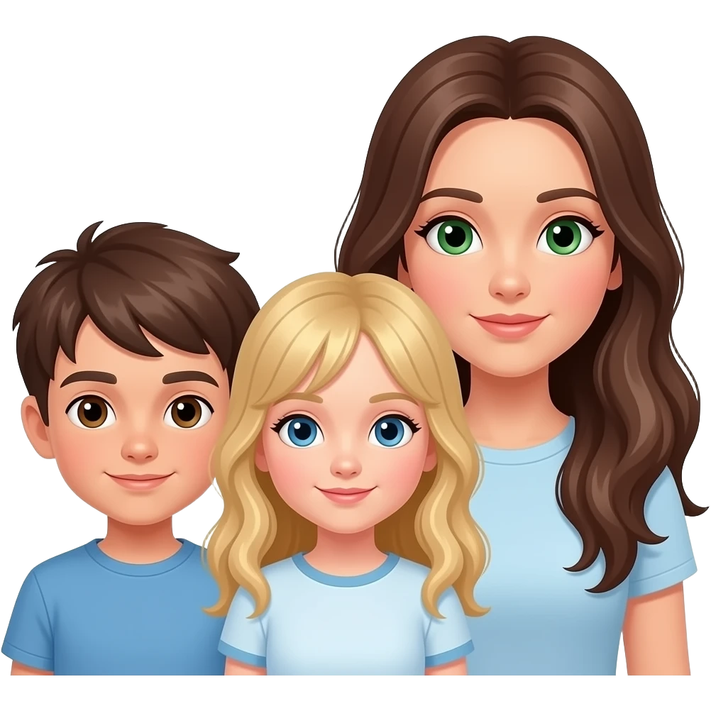 der bub ist am kleinsten. das mädchen ist mittelgroß und hat blonde haare und blaue augen. das andere mädchen ist die größte und hat grüne augen und sehr lange braune haare. emoji