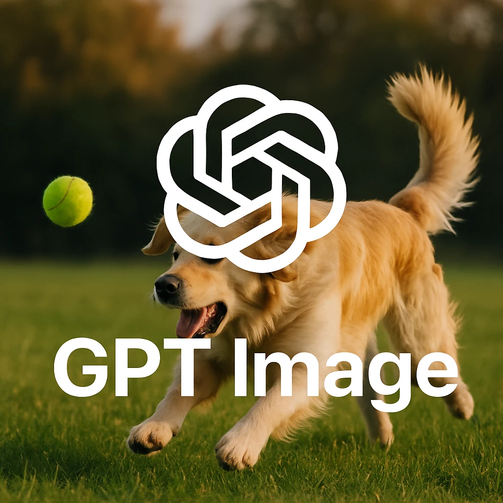 logo of chat gpt with text "GPT Image" on the background of a dog chasing ball, realistic image emoji