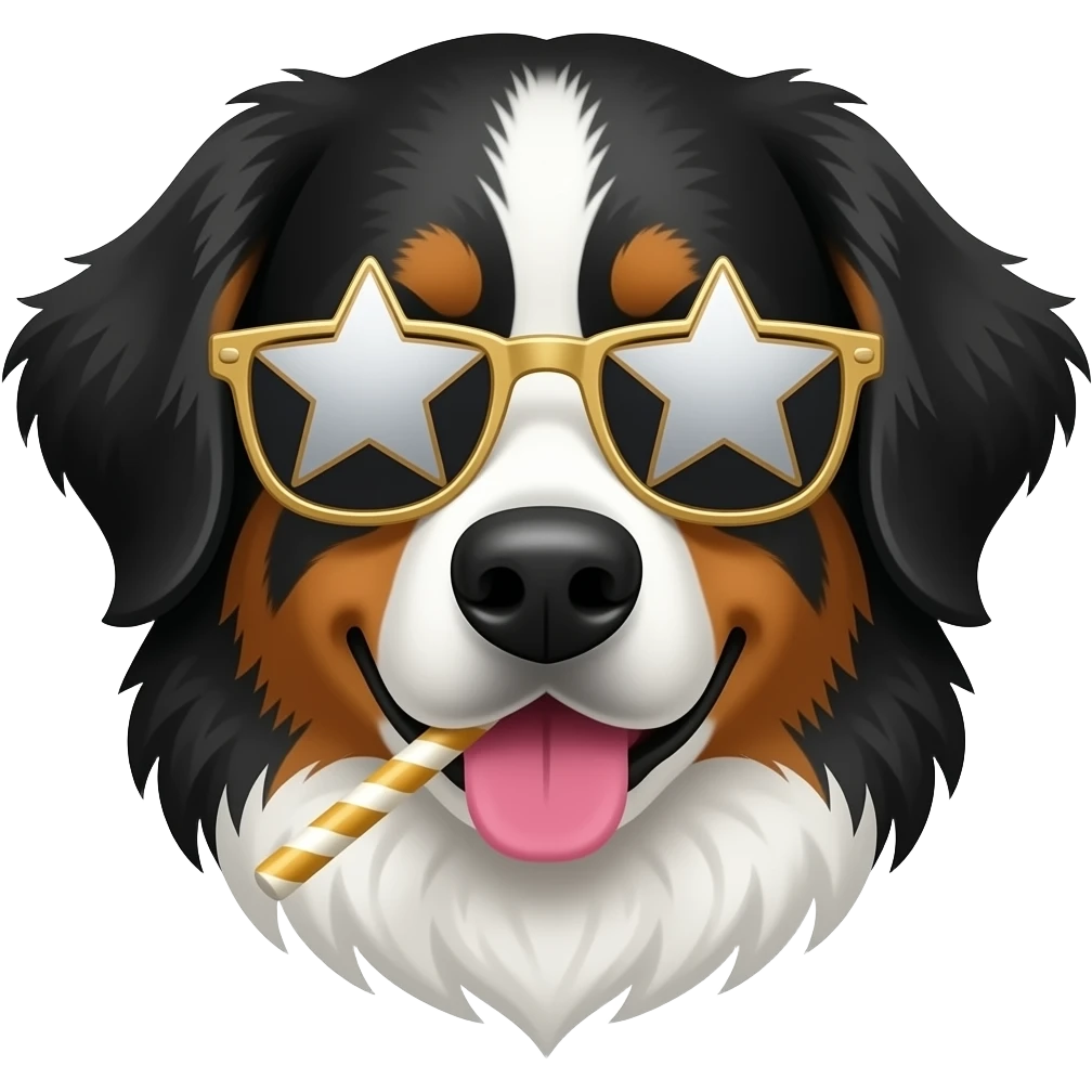 a bernese mountain dog face with a slurpie and wearing star sunglasses emoji