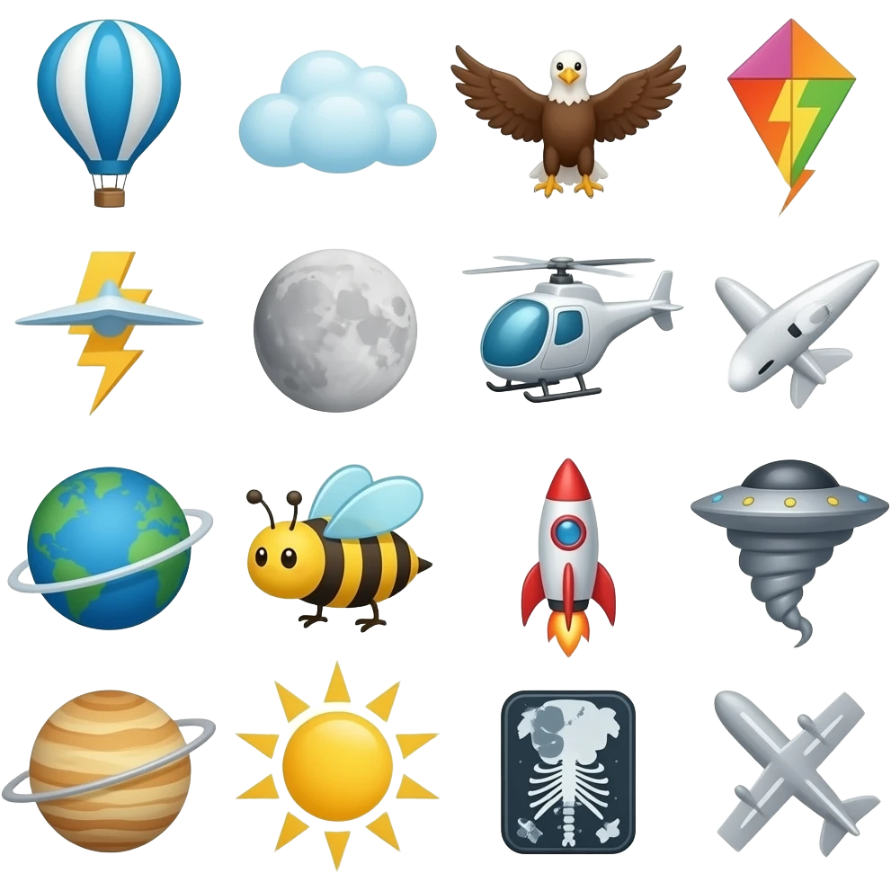A is for Astronaut, balloon (hot air balloon), cloud, duck, eagle, fly (verb), glider, helicopter, ice (cloud), jet, kite, lightning, moon, Neptune, owl, plane, queen bee, rocket, star, tornado, ufo, Venus, wind, x-rays, yellow (sun), and zigzag emoji