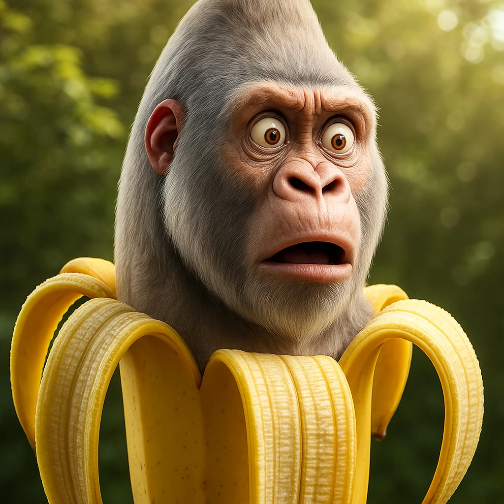 Change the gorilla's expression to a surprised, wide-eyed look with raised eyebrows, keeping the same style and quality as the reference image. emoji