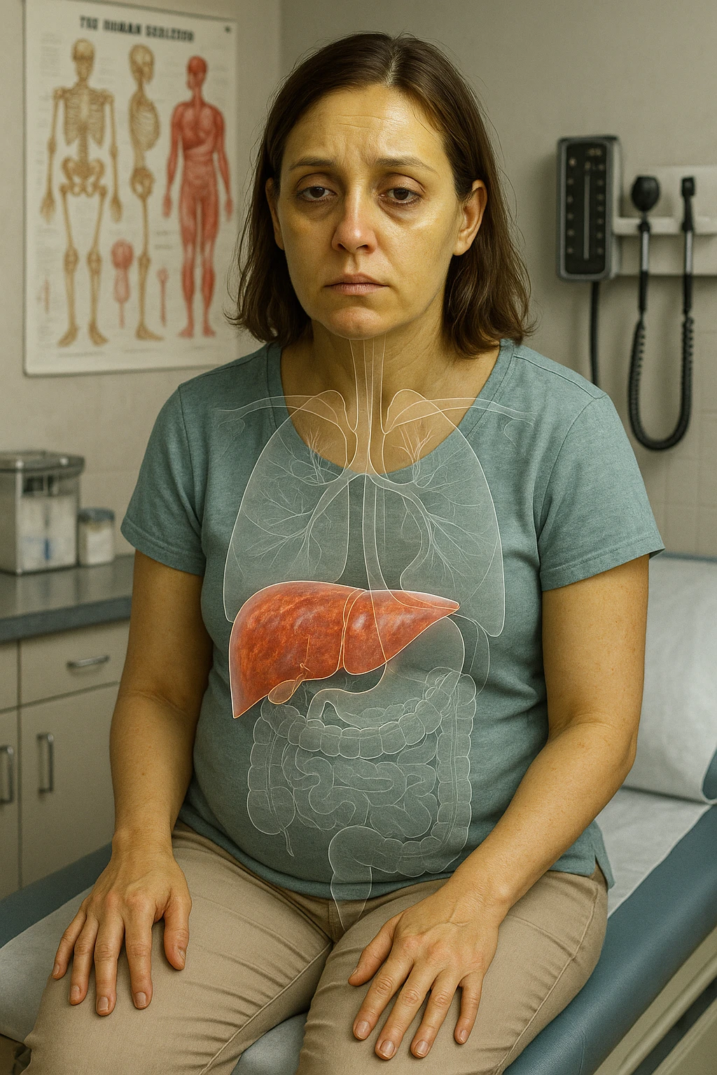 a woman in her 30s sits on a doctor’s examination table, her skin slightly yellowish (jaundice) and her expression tired. A transparent anatomical overlay highlights her liver, which appears enlarged and inflamed with a reddish, congested look. Subtle visual cues—such as dark circles under her eyes and a bloated abdomen—emphasize the symptoms of liver overload and toxicity. The background is a clinical setting, with medical charts and equipment. emoji