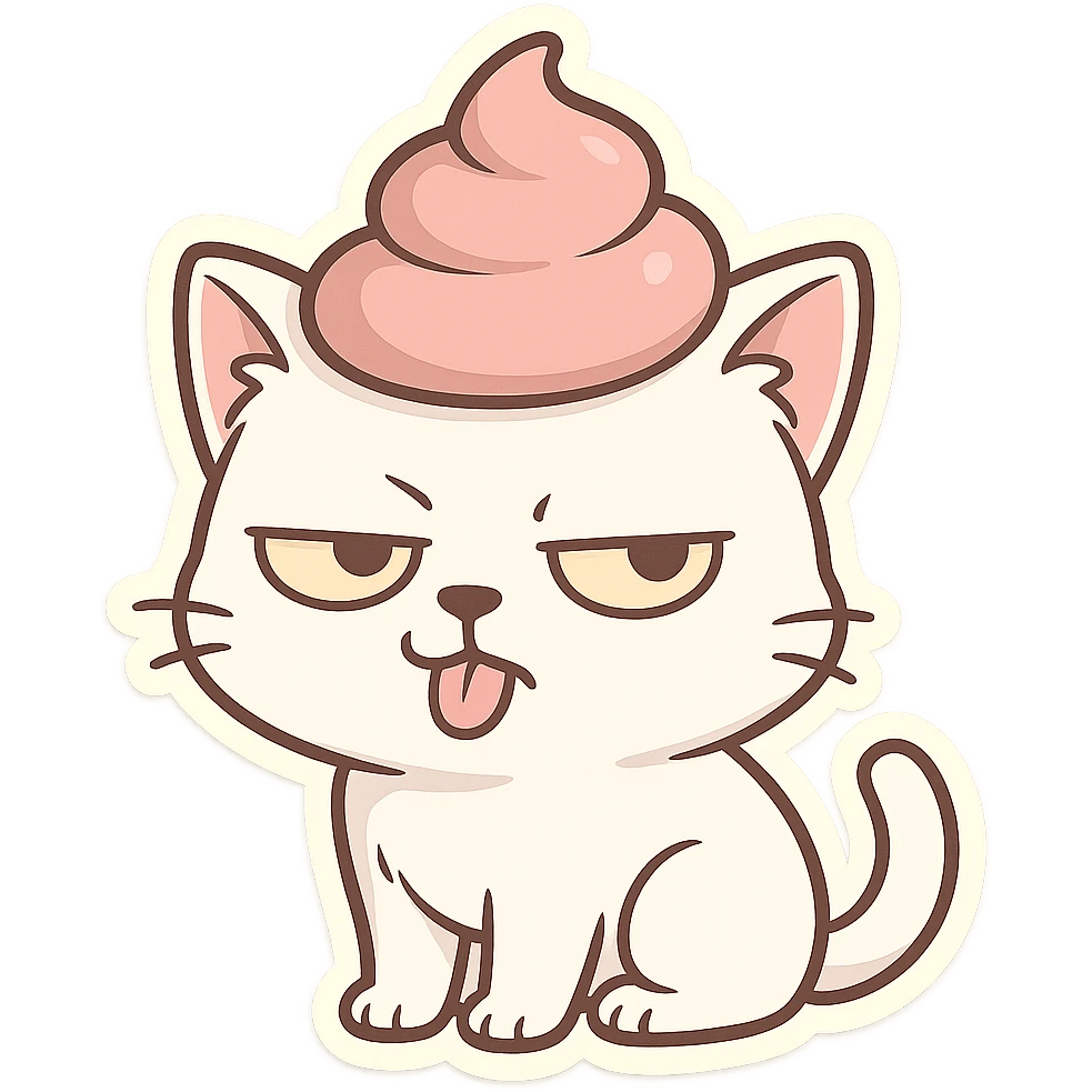 Cat meme, a white cat wearing a pink poop mask with a provocative expression emoji