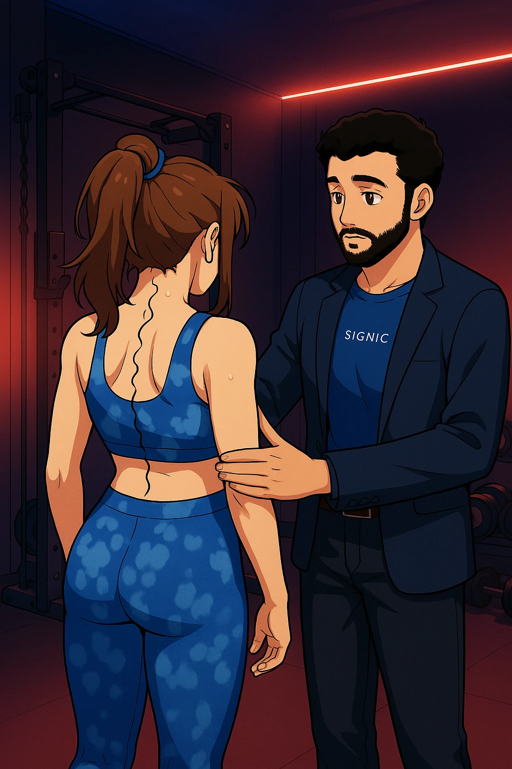 ispirati a questo stile di disegno e fai questa immagine in versione manga/webtoon a colori, il manga mostra la donna di spalle, mentre l'uomo le tocca la spina dorsale per spiegarle come funziona la scoliosi:
Con una scoliosi il baricentro corporeo cade maggiormente da un lato; per non cadere la schiena compensa accumulando tensione sul fianco opposto.
Il risultato? Si inclina e ruota sempre più, fino a che non cede (discopatie, artrosi, ecc) emoji
