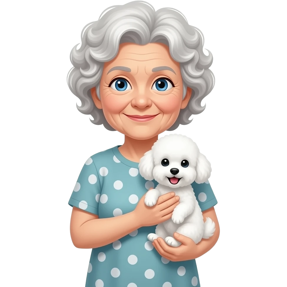 Elder woman curly hair blue eyes having a  white Maltipoo emoji