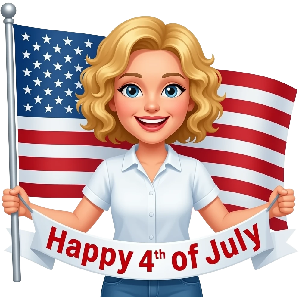 blonde tight curly hair in a short bob with a Happy 4 of July banner in red writing and a white short sleeve blouse and a huge flag emoji