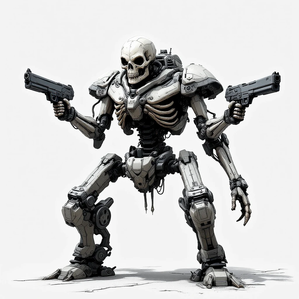 Create a sci-fi skull tank with a humanoid torso having four arms, each holding a gun. The lower half is a bulky tank chassis with no legs. The head and torso are extended out in front in an aggressive pose. Match the style and details of the attached reference image in Flux Pro style. emoji