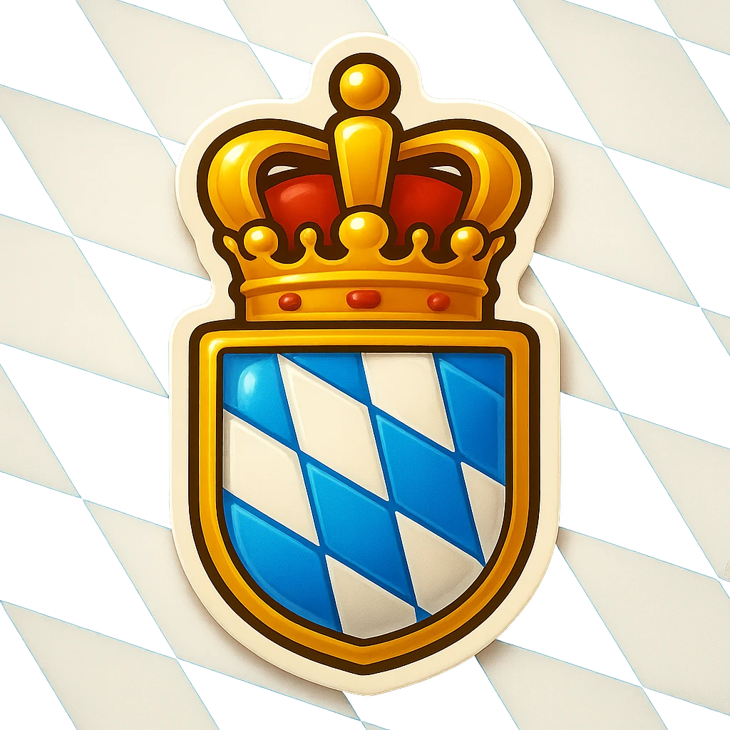 Create an emoji of the Bayern (Bavaria) coat of arms featuring the blue and white lozenges shield and crown. The style should be less cartoonish and match the retro stickers style used for the Berlin and Baden-Württemberg icons. Use the official Bavarian flag with blue and white lozenges as the full background. No text included. emoji
