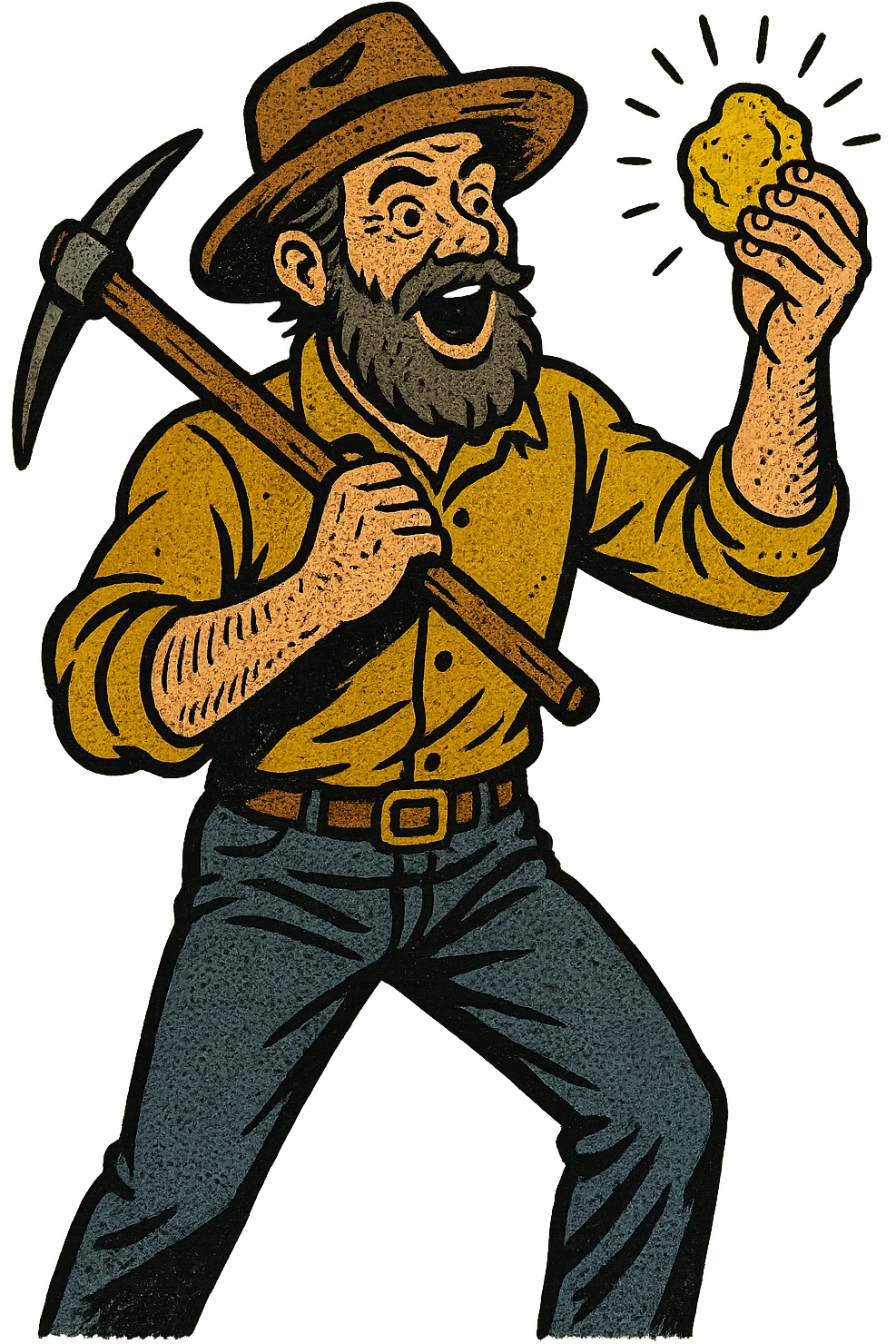 the full body of a male gold prospector from the Gold Rush who has just found a nugget of gold.  He is also holding a pick axe emoji