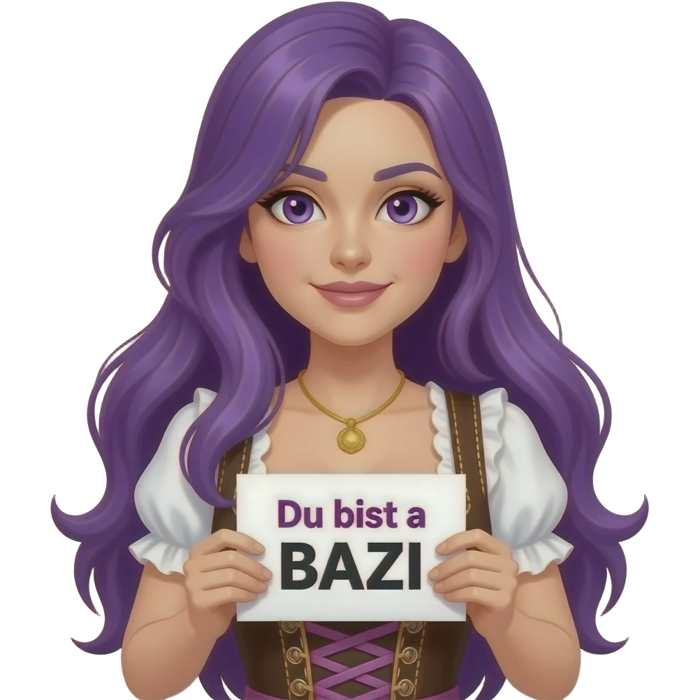 sexy girl with long purple hair and purple eyes wearing a dirndl holding a Du bist a BAZI sign emoji