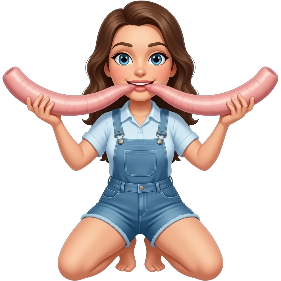 Female on her knees holding two large circumcised penises Next to her mouth emoji