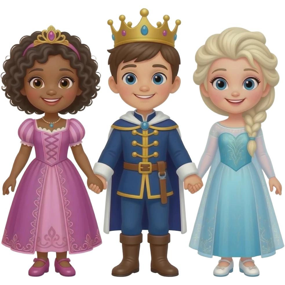 52개월 세쌍둥이 이모지를 만들어줘. 여아, 남아, 여아 순으로 배치해주고, 서로 손을 잡고 있게해줘. 여자아이들은 공주 드레스를 입었어. 왼쪽 첫째 여아는 파마한 단발머리(귀여운 퐁글한 곱슬머리)에 분홍색 라푼젤 드레스를 입었고, 반짝거리는 구두를 신었어.  두번째 남아는  중세 왕자가 입는 남색 멋진 정장을 입고 있어. 마지막 오른쪽 여아는 엘사드레스를 입고, 엘사처럼 머리를 했어. 엘사구두를 신고. 귀엽고 사랑스럽게 만들어줘. emoji