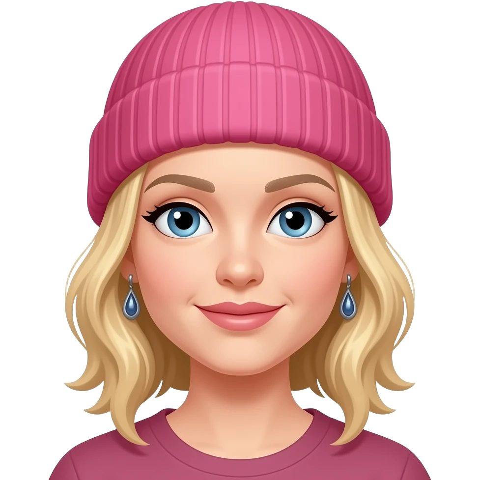 woman with blond hair and earrings and pink beanie emoji