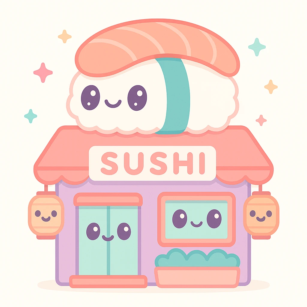 sushi house, cozy Japanese restaurant exterior, warm lighting, cute cartoon style emoji