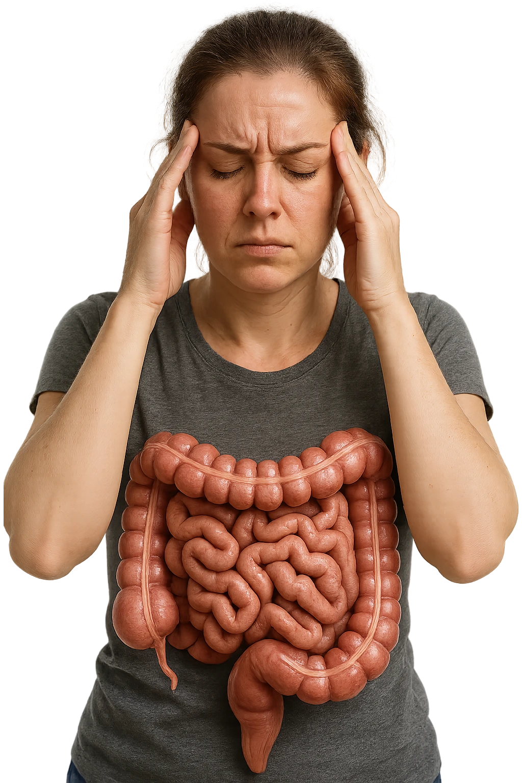 donna molto stanca e stressata che si massaggia le tempie con intestino umano anatomico realistico in evidenza, sfondo bianco, iperrealistico 4k emoji
