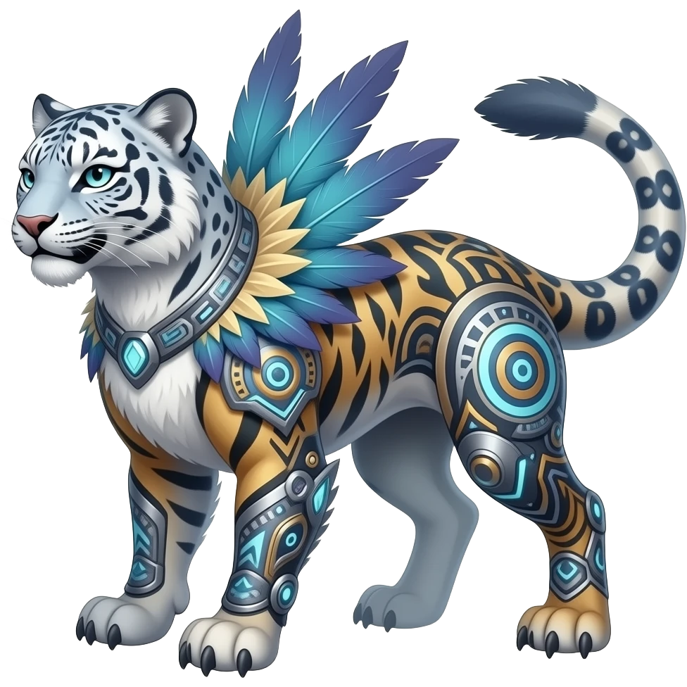 Realistic tribal-patterned tribal furry fuzzy fluffy Shiny futuristic feathery beautiful gorgeous snow-leopard-Sabretooth-tiger-velociraptor-Absol-Charizard-Hybrid emoji