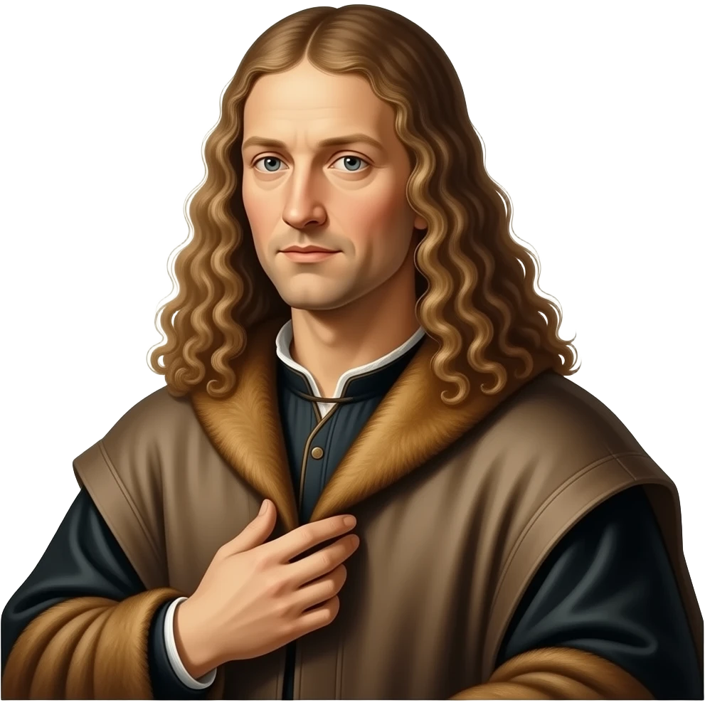 cinematic  divine lighting, oil paint - en face Albrecht Dürer Renaissance self-portrait with long curly hair in a cloak with a fur collar, in Renaissance dress, holding the fur collar with his left hand - contemporary representations of Christ emoji