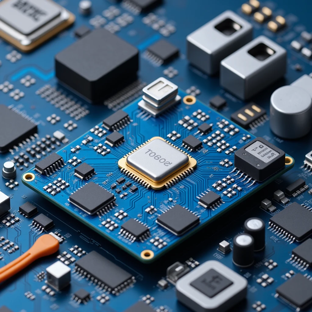 a detailed computer motherboard with chips and circuits, skeuomorphism style, detailed, realistic textures emoji
