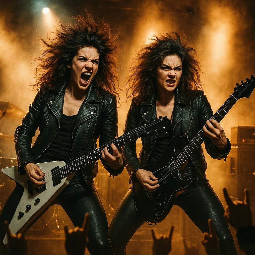 Gemini twins in leather jackets, electric guitars, heavy metal concert vibe, energetic and fierce emoji