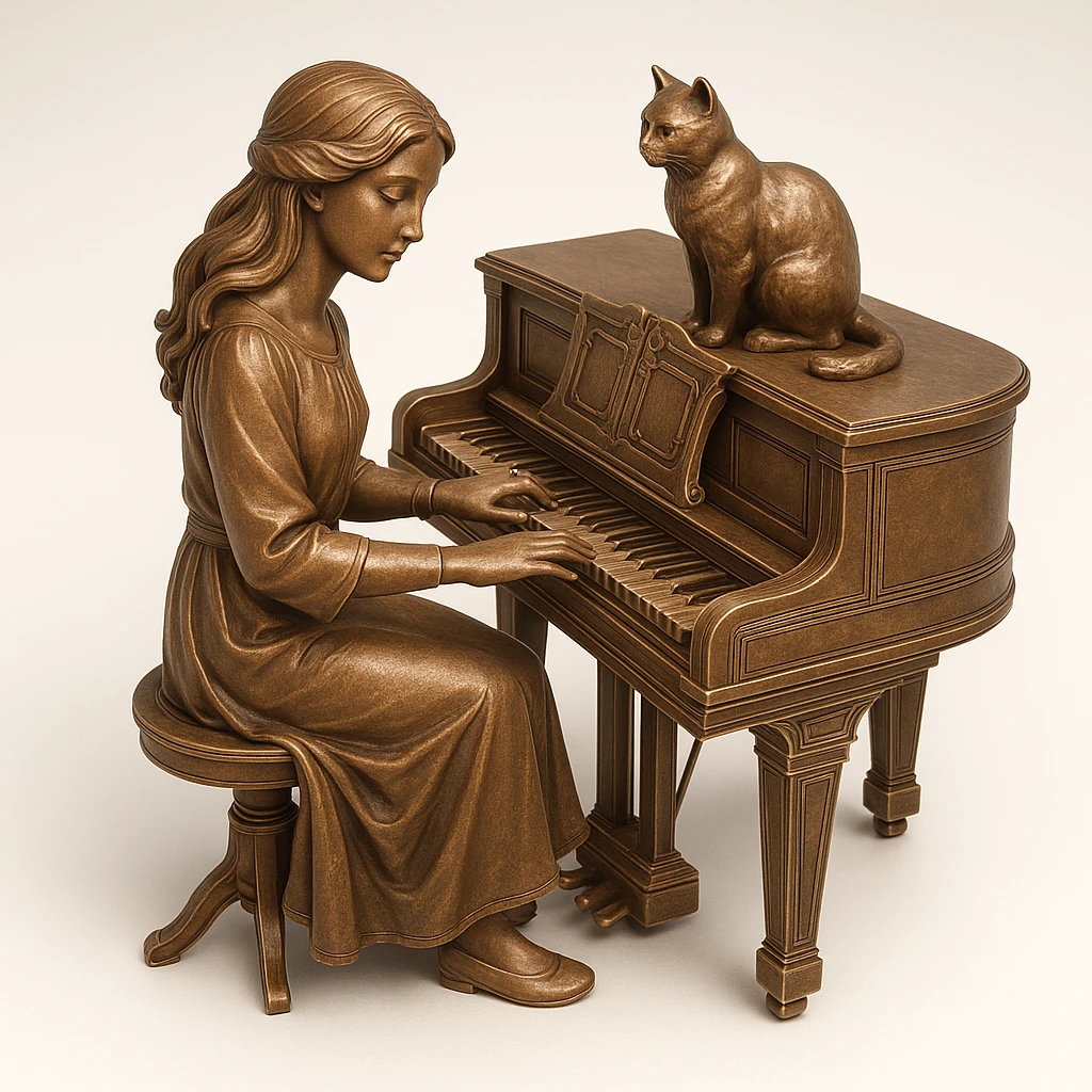 woman playing piano while her cat sits on top of the piano emoji