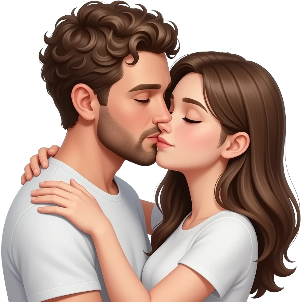 Realistic white man super short curly brown hair with beard kissing passionately and hugging realistic white girl brown hair emoji
