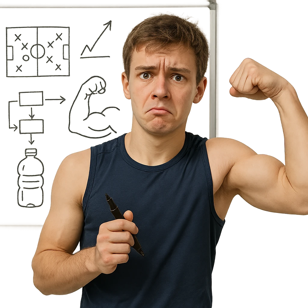 realistic young inexperienced athlete in front of a whiteboard with training schemes and drawn bottles, holding a pen, growing muscles, puzzled expression, realistic details, isolated on white background emoji