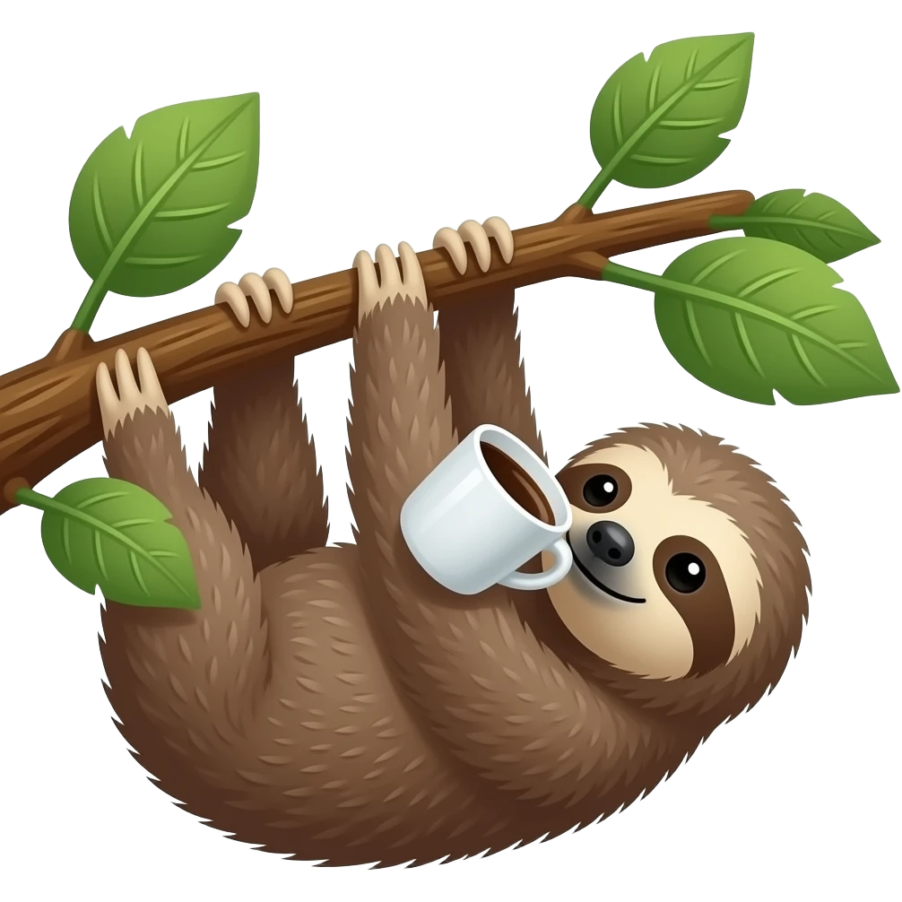 hanging sloth big tree leaves drink coffee hanging emoji