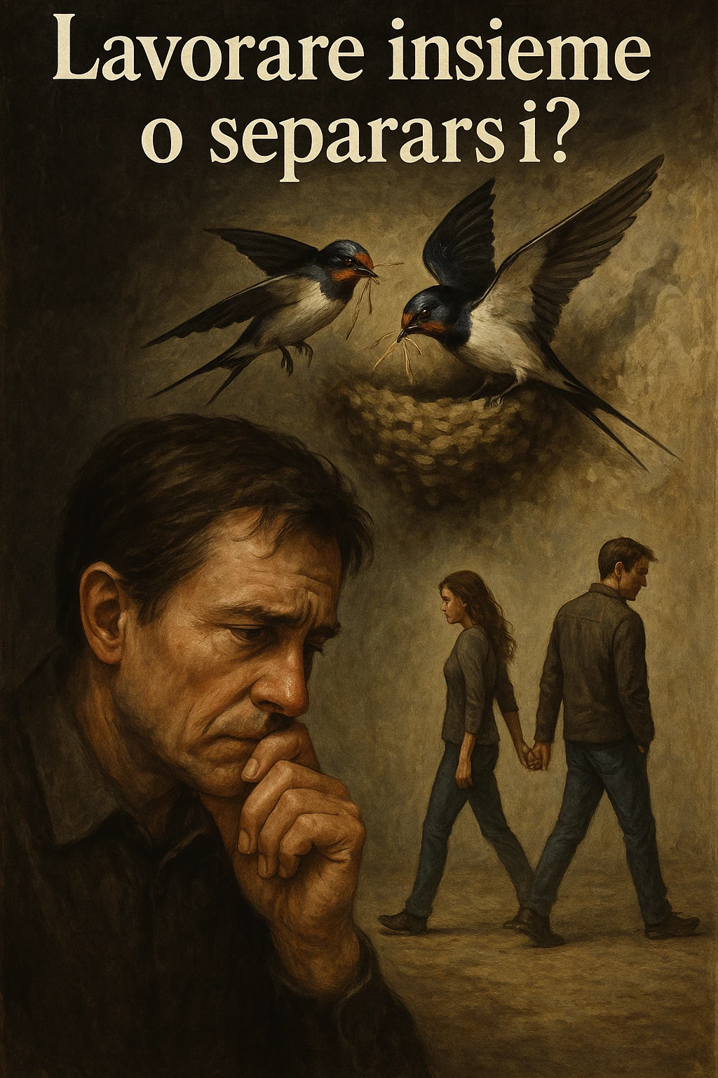 Vertical format: An Italian text 'Lavorare insieme o separarsi?' with a man observing two swallows building a nest together, next to a human couple walking away, detailed, emotional, contrast between cooperation and separation. emoji