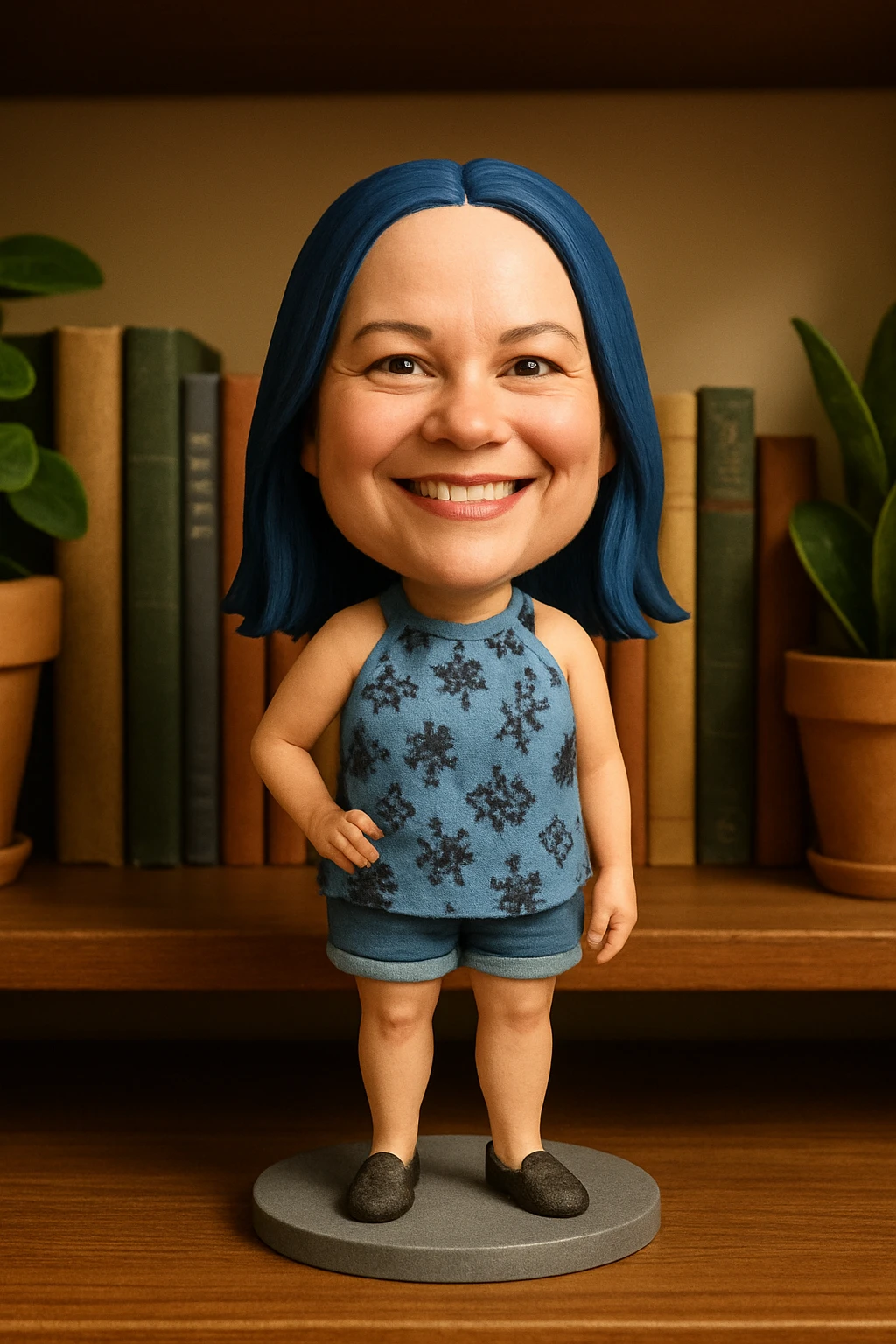 Woman with dark blue hair and blue fingernails standing on a sidewalk emoji