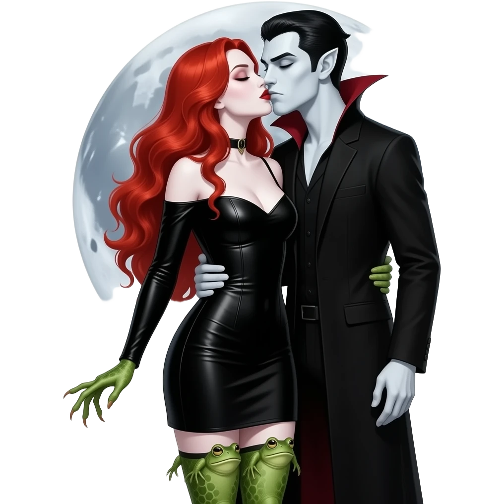 Vampiro femmina  con pelle bianca capelli lunghi  rosso fuoco ondulati e che indossa una vestito stretto in vita e largo e lungo sotto nero con maniche lunghe e anfibi che arrivano alle ginocchia che bacia un vampiro con la pelle bianca al chiaro di luna emoji