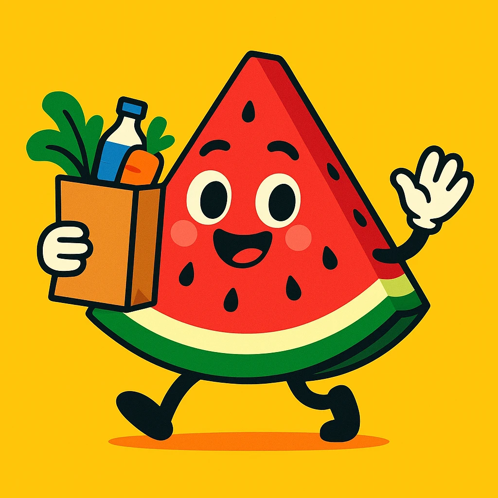 cute watermelon slice mascot with expressive face, holding a grocery bag, for an egrocery brand, vibrant and appealing emoji