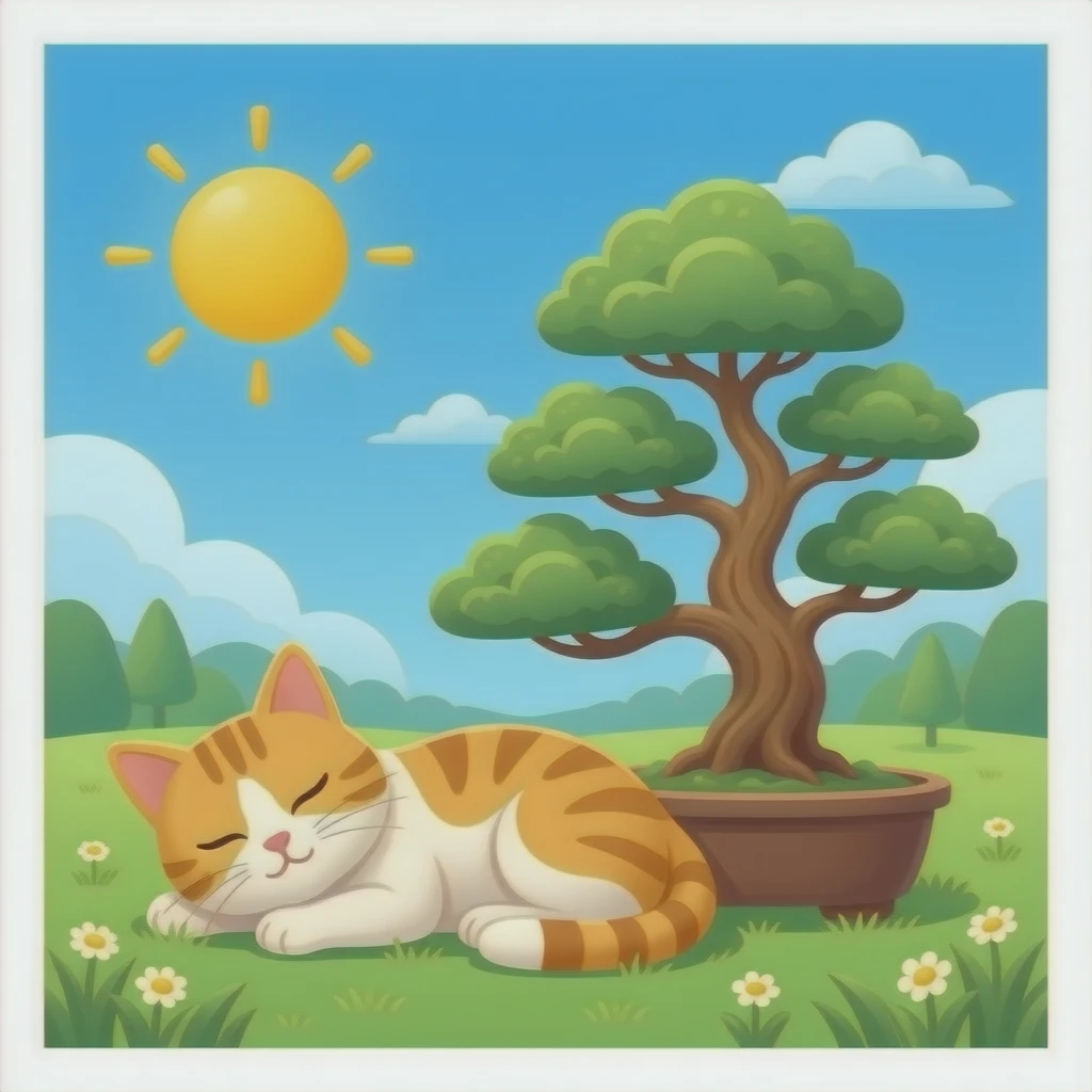 a cat sleeping next to a bonzai tree emoji