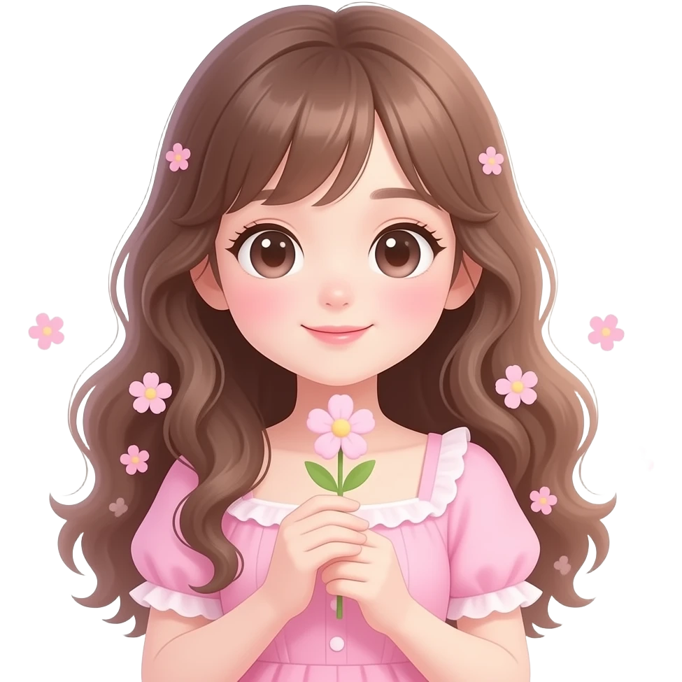 Cute aesthetic emoji girl, long brown hair, soft waves, wearing pink outfit, surrounded by small flowers, pastel pink theme, big cute eyes, soft blush cheeks, kawaii style, holding a flower, aesthetic and dreamy vibe, soft lighting, minimal background, sticker style, very cute and feminine. emoji