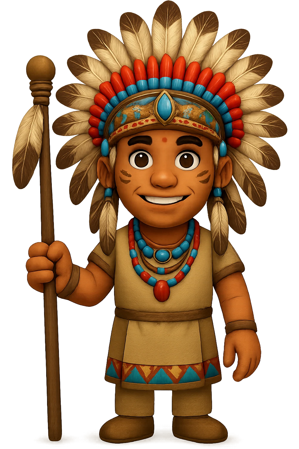 Create a full-body tribal chief standing tall, holding a ceremonial staff, wearing a feathered headdress, with a friendly expression in emoji style. Focus on capturing the emoji style characteristics in the design. emoji
