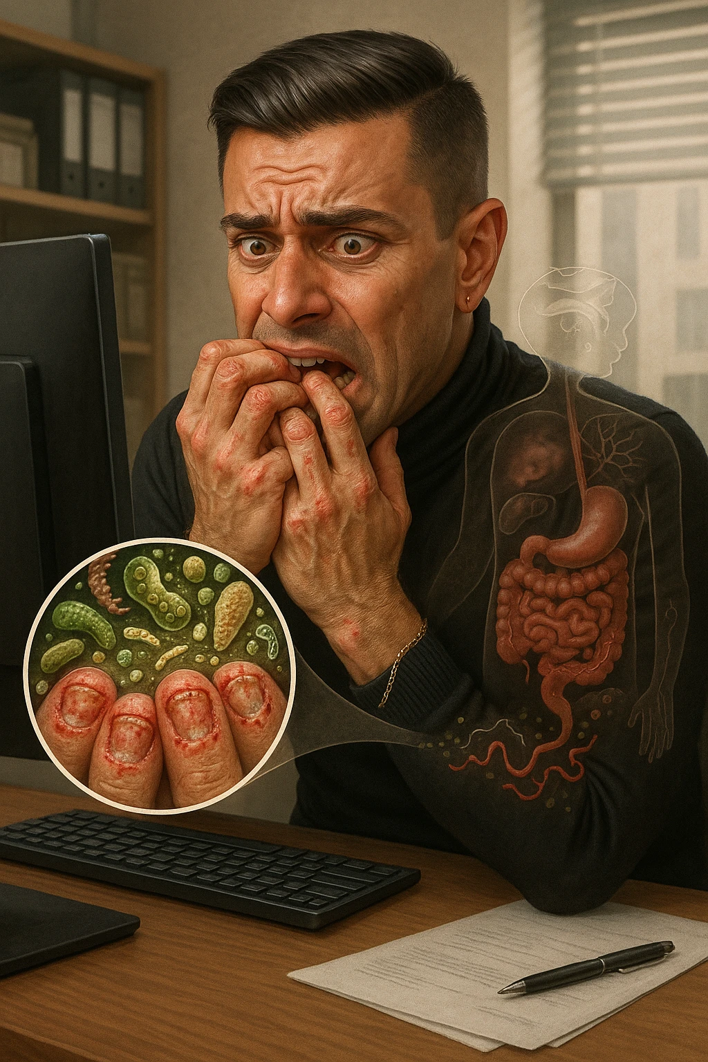 Anxious man at office desk unconsciously biting fingernails, microscopic overlay showing parasitic eggs and bacteria concentrated under nail beds, worms and microorganisms being consumed with each bite, expression of nervous habit unaware of contamination, computer screen reflecting his stress while he infects himself, fingertips raw and bleeding from chronic nail-biting, invisible parasite colonies entering his digestive system emoji