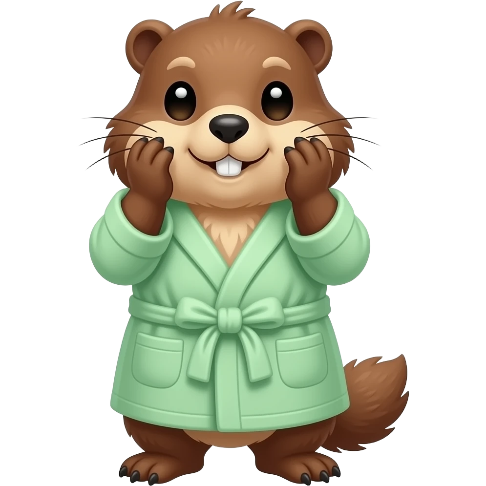 Marmot with hands around big cheeks and wearinf light green bath robe emoji