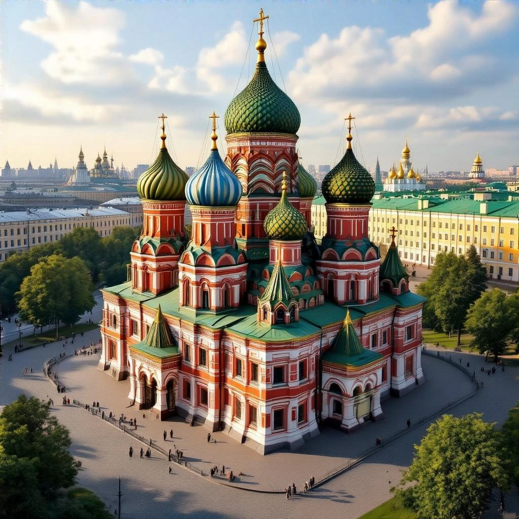Изометрическая фотореалистичная иллюстрация-модель Собора Василия Блаженного, текстуры с чёткими, но мягкими контурами, баланс между стилизацией и реализмом, эффект миниатюры, без мультяшности, прозрачный фон. emoji
