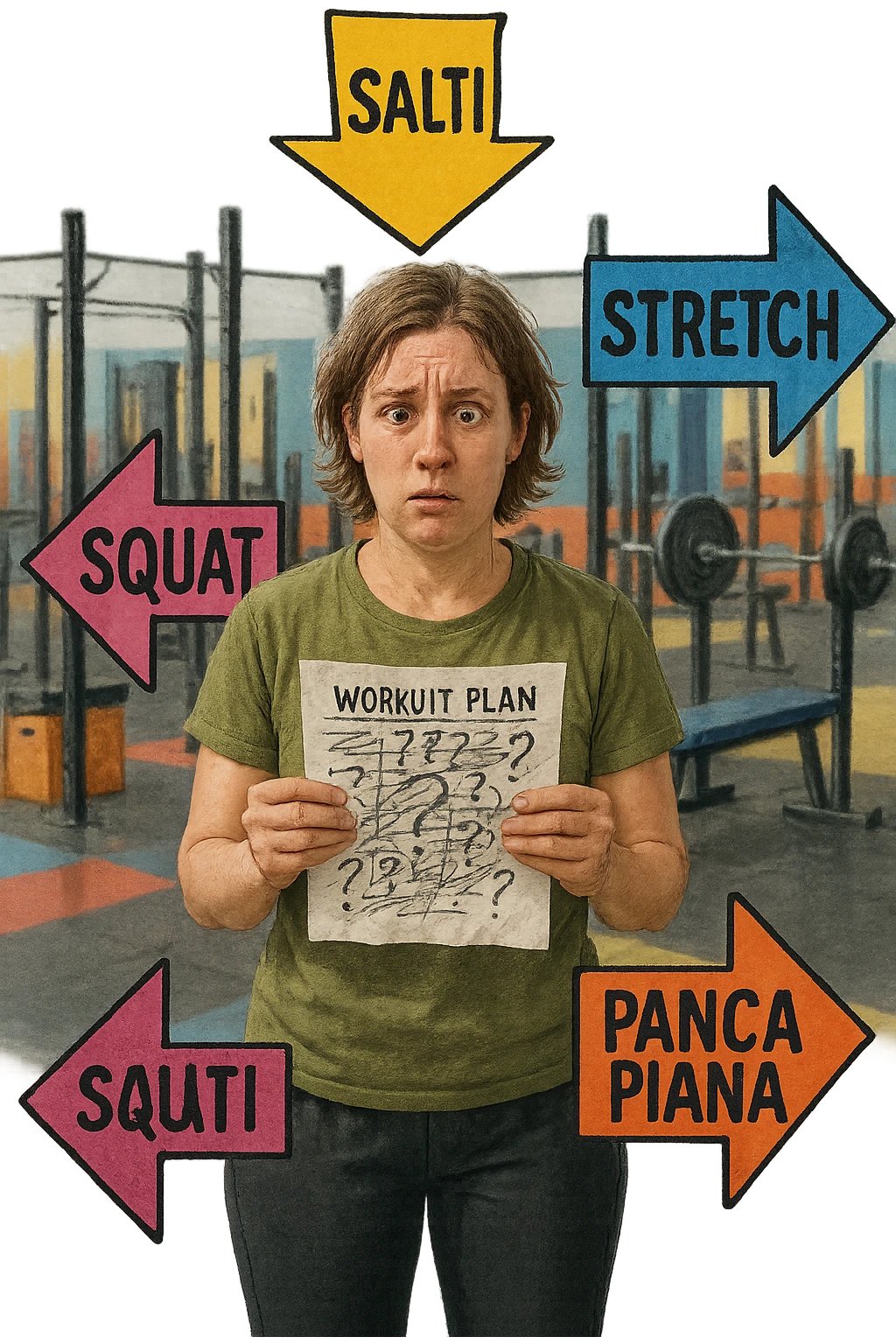 a person stands in the center of a gym, surrounded by arrows pointing in all directions, each labeled with a different exercise (e.g., “squat,” “Salti,” “stretch,” “Panca Piana”). The person looks bewildered, holding a workout plan with scribbles and question marks. The scene is colorful but visually messy, symbolizing confusion. in italiano immagine iperrealistica emoji