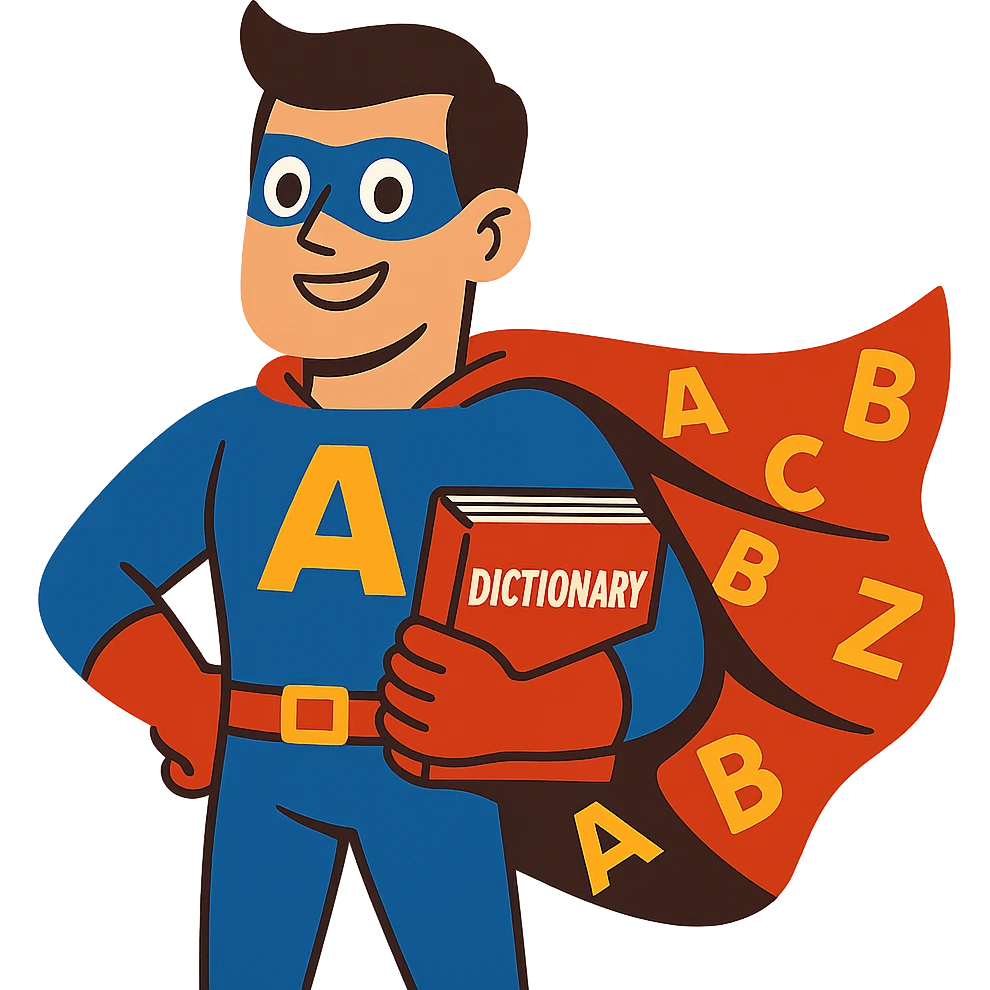 super hero for language learning, holding a dictionary and wearing a cape with alphabet symbols emoji