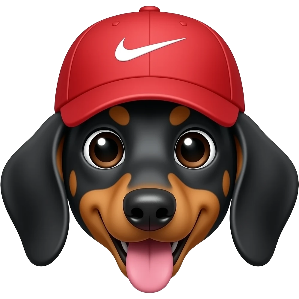Cara de perro salchicha alegre con lengua afuera y gorra Nike roja emoji